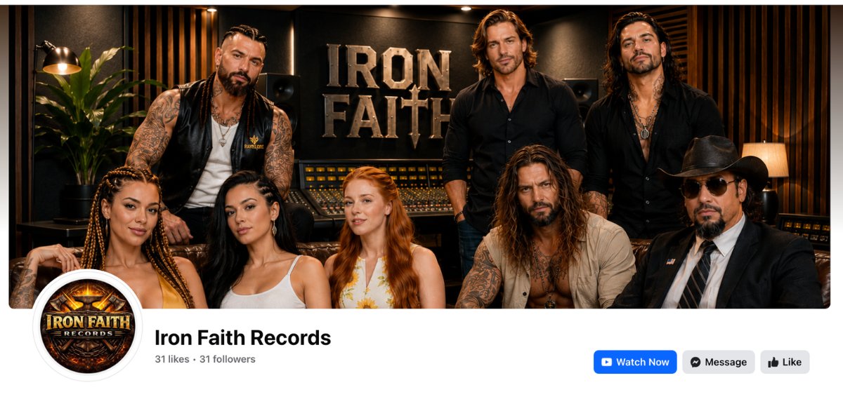 A screenshot of the Facebook page for Iron Faith, complete with a bunch of AI-generated musicians.