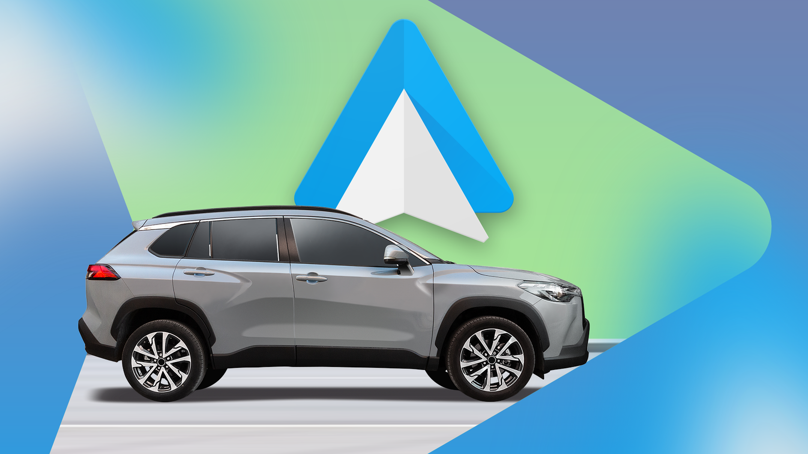 A silver SUV in front of the Android Auto logo on a green and blue geometric background