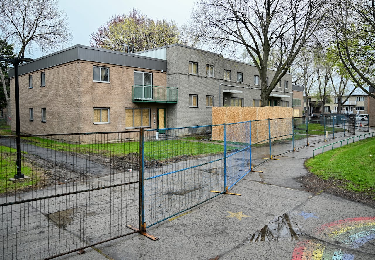 A boarded up apartment building is shown in a social housing complex in Montreal, on Wednesday, May 13, 2026.