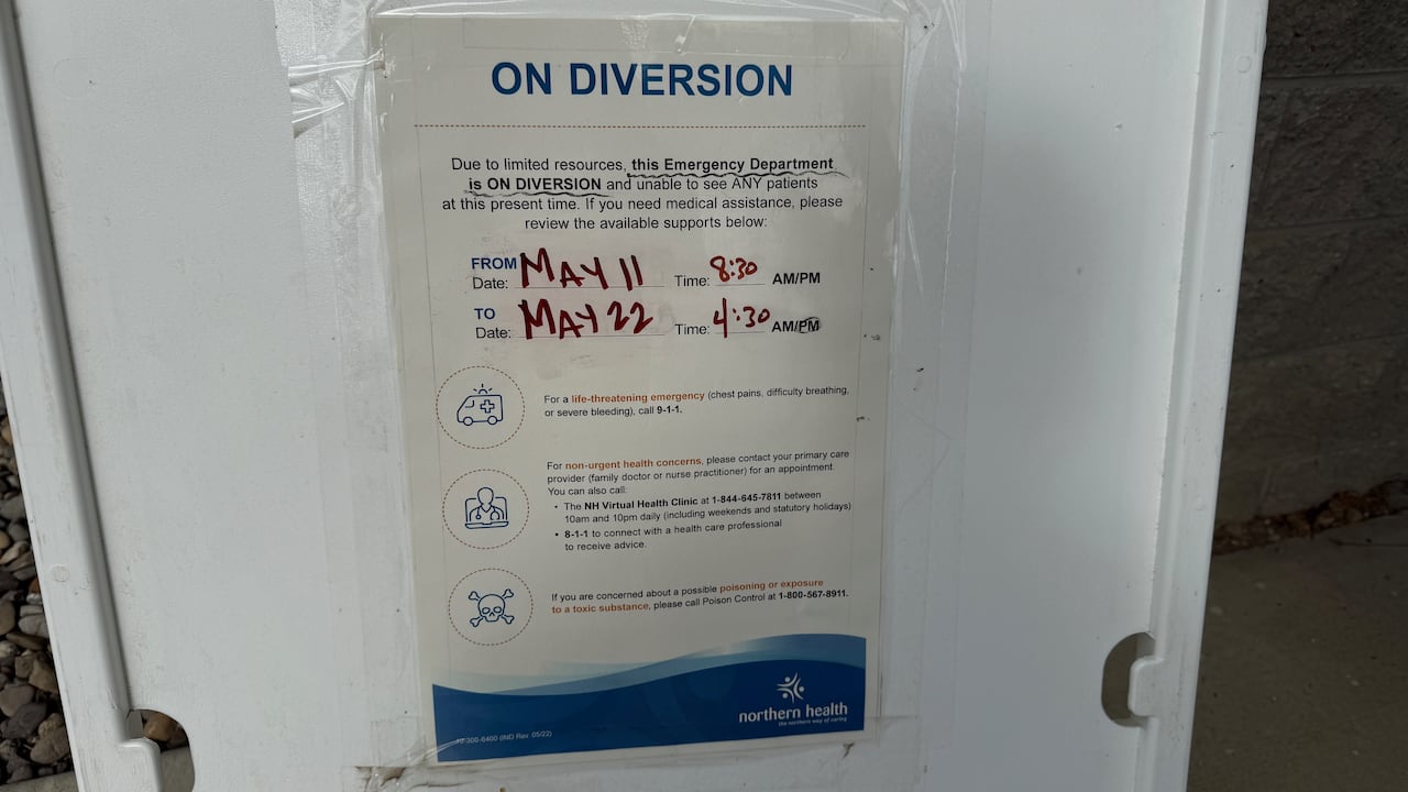 ER diversion hours posted outside the Hudson's Hope Health Centre on May 14, 2026. The diversion was extended to May 25, ending that day.