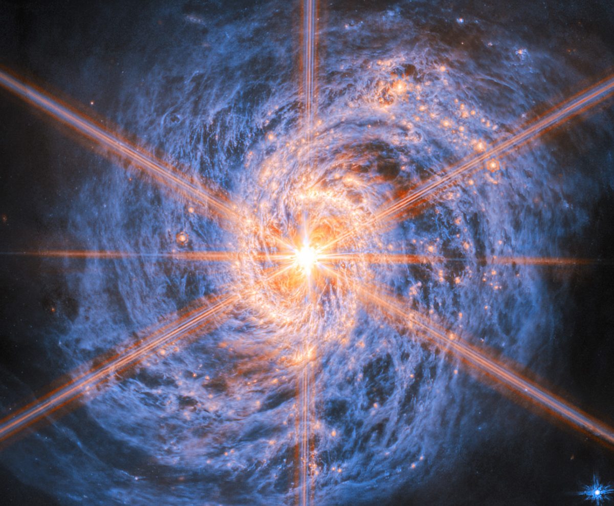 An image of spiral galaxy M77 and its central supermassive black hole, an active galactic nucleus, captured by the James Webb Space Telescope
