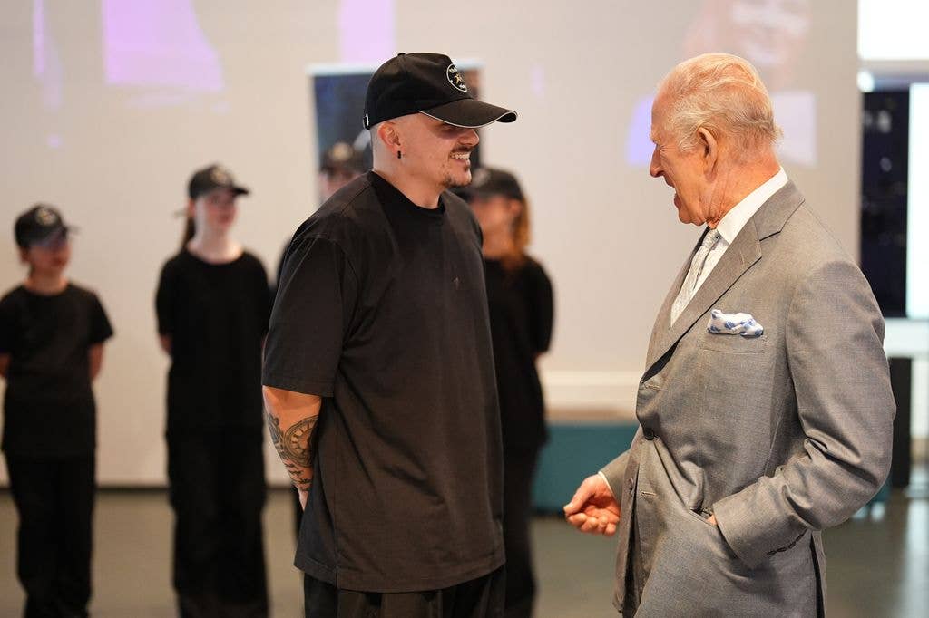 King Charles III speaks to Jamie Fagan, founder of Urban Motion and former ambassador for Kings Trust