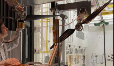New Martian helicopter blades being tested by engineer Jaakko Karras before being tested. Credit - NASA / JPL-Caltech