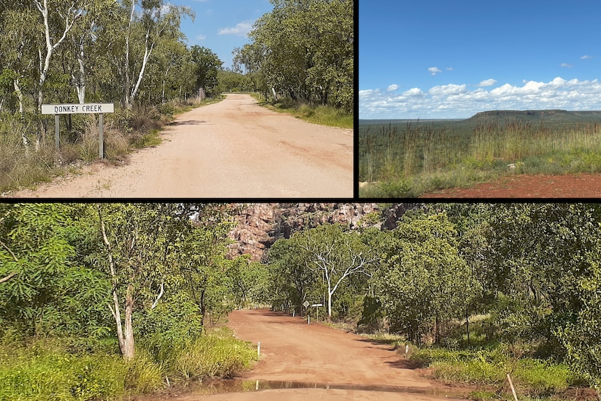 Three images of dirt roads, red ranges and blue skies over long grass