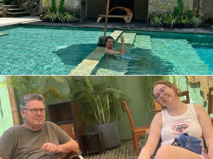 Collage of three photographs showing a family of man and woman their two adult children on holidays swimming, sitting at cafes.