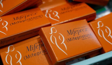 A container holding boxes of Mifepristone, the first medication in a medical abortion, are prepared for patients at Alamo ...