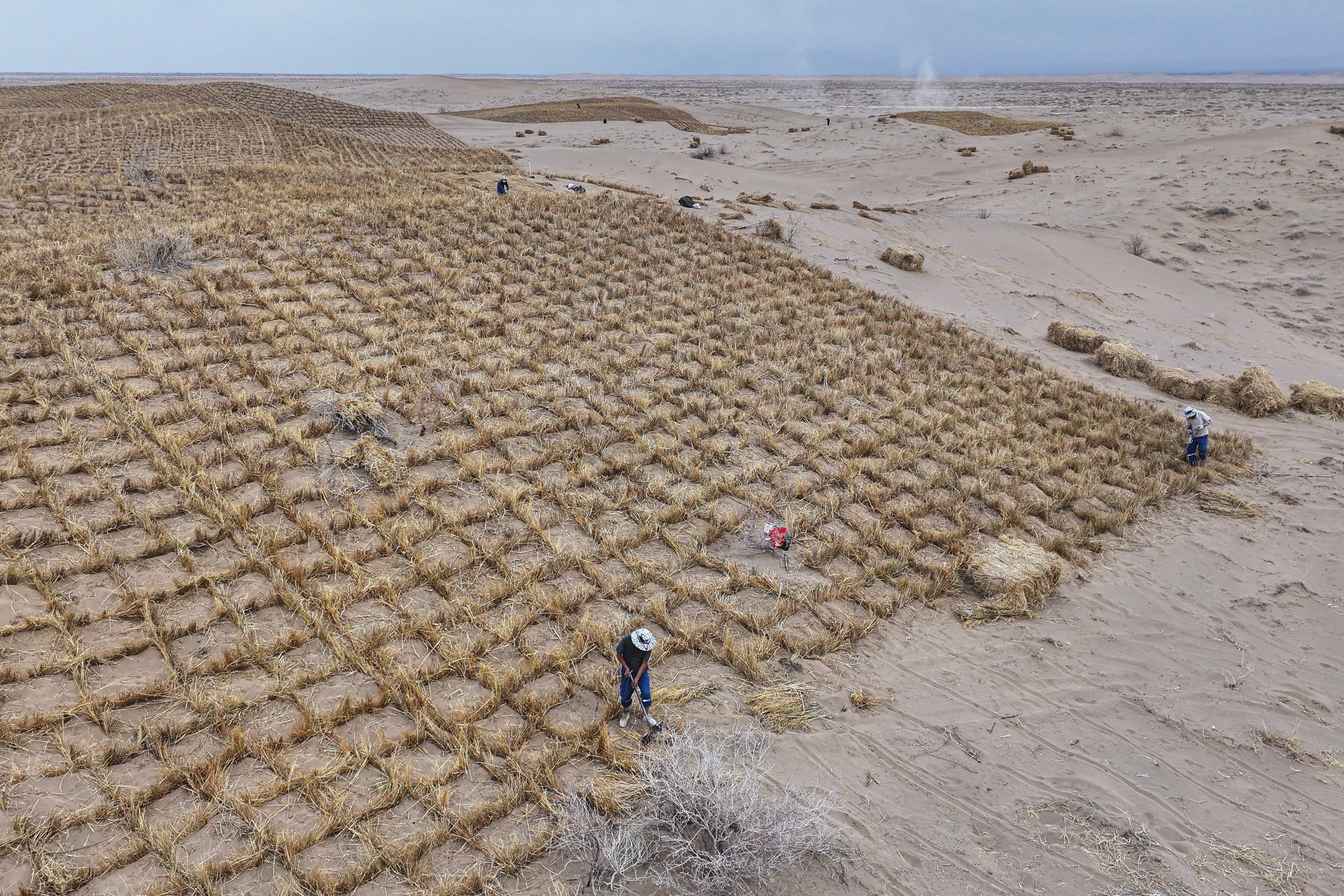 Measures to tackle desertification require funding to roll out. Here, workers set up straw barriers on sand dunes at a desertification control area in China's northwest Gansu province.