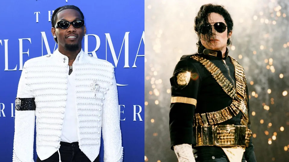 Offset in a white embellished jacket and sunglasses; Michael Jackson in a military-style outfit with gold details.