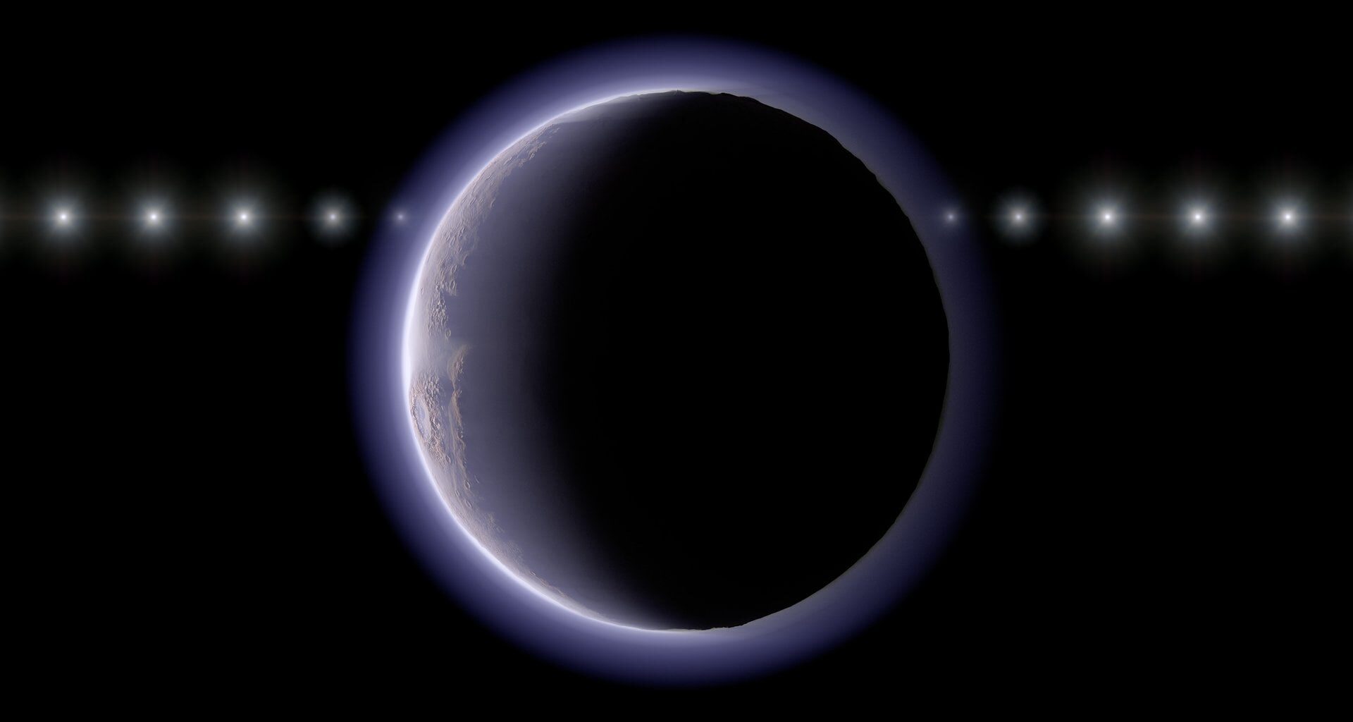 An artist's conception shows how the light from a distant star would be dimmed and then blocked as a trans-Neptunian object with a thin atmosphere passes in front of it. (Credit: NAOJ)