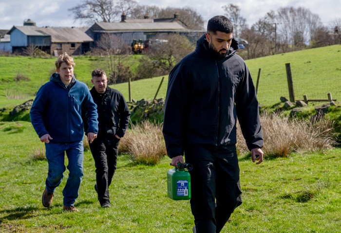 Robert and Aaron approach Kammy on the farm in Emmerdale
