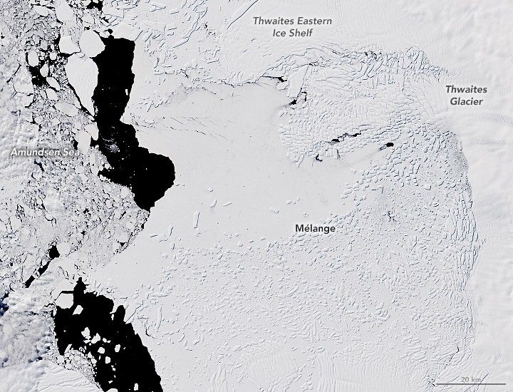An annotated satellite image of the Thwaites Glacier, captured with the Operational Land Imager (OLI) on Landsat 8 in 2019.