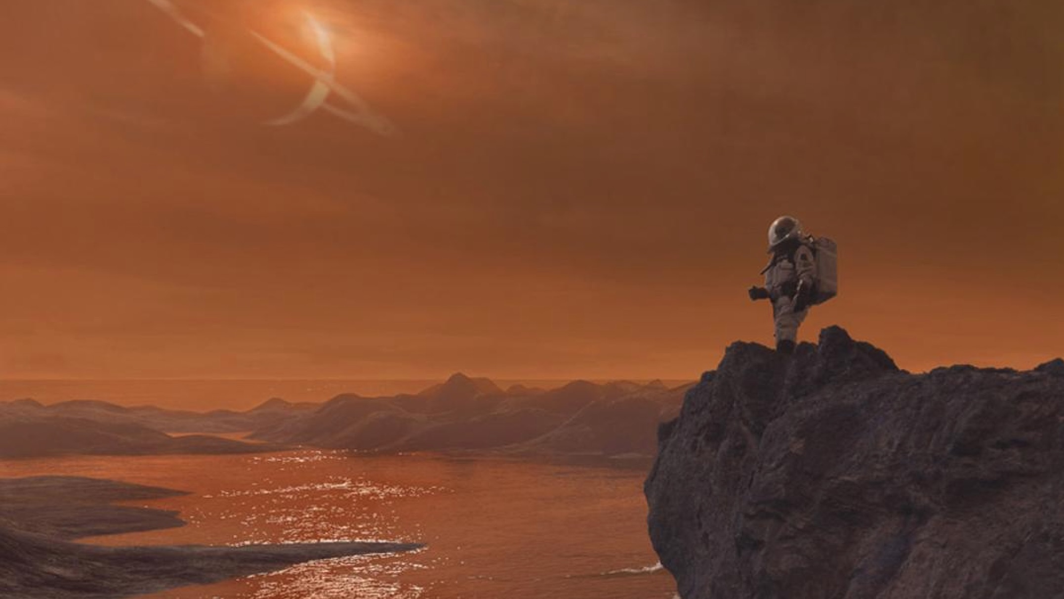 illustration of an astronaut in a white spacesuit standing next to a lake on an alien world with orange skies