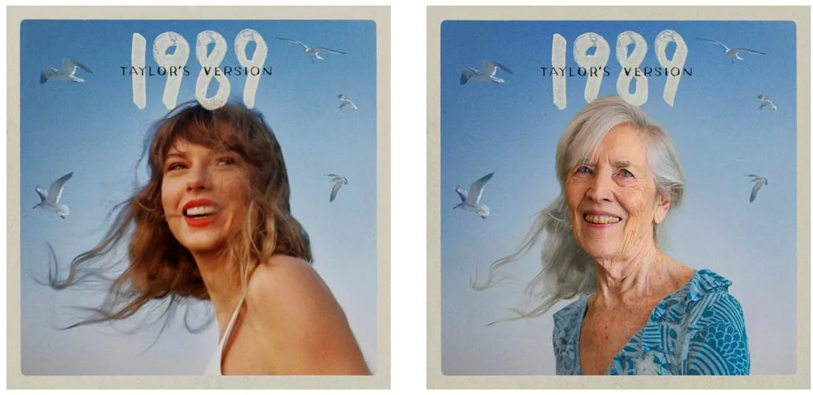 Collage of Taylor Swift and an older woman recreating Swift's "1989 (Taylor's Version)" album cover.