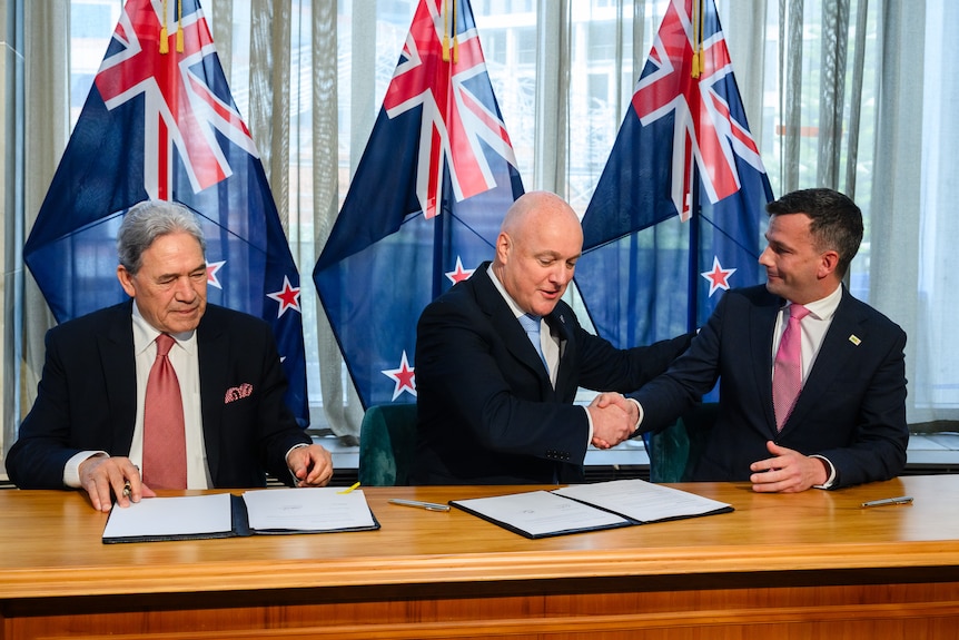Three suited male politicians warmly shake hands in front of a sea of New Zealand flag.