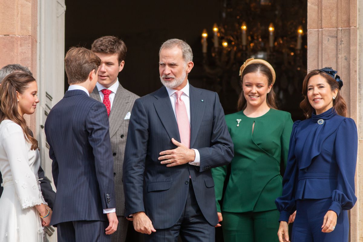 Princess Josephine, Prince Vincent, Crown Prince Christian, King Felipe VI of Spain, Princess Isabella and Queen Mary at the confirmation of Princess Josephine and Prince Vincent at Fredensborg Palace in Fredensborg