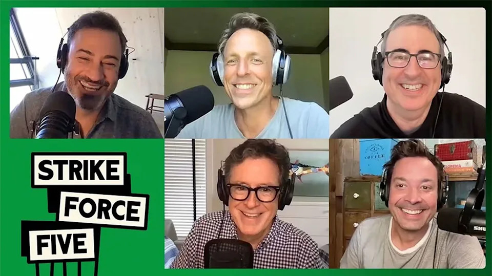 Jimmy Kimmel, Seth Meyers, John Oliver, Stephen Colbert, and Jimmy Fallon on the 'Strike Force Five' podcastCredit: strike force five