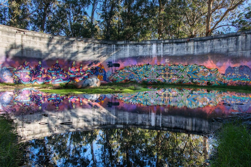 Graffiti on the inside of a huge concrete tank with water pooled at the bottom.