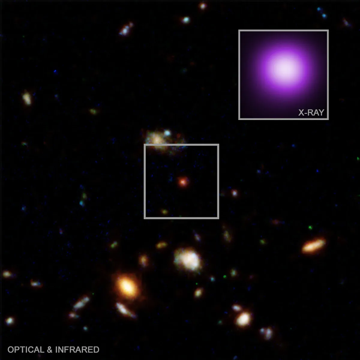 Image of the X-ray dot in X-ray and optical light. X-ray: NASA/CXC/Max Plank Inst./R. Hviding et al.; Optical/IR; NASA/ESA/STScI/HST; Image Processing: NASA/CXC/SAO/N. Wolk
