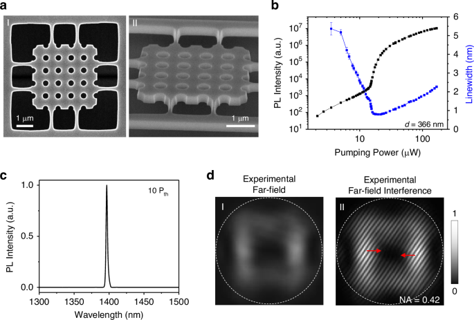 Fig. 6: Characterization of the BIC laser from a 5×5 array photonic crystal slab.