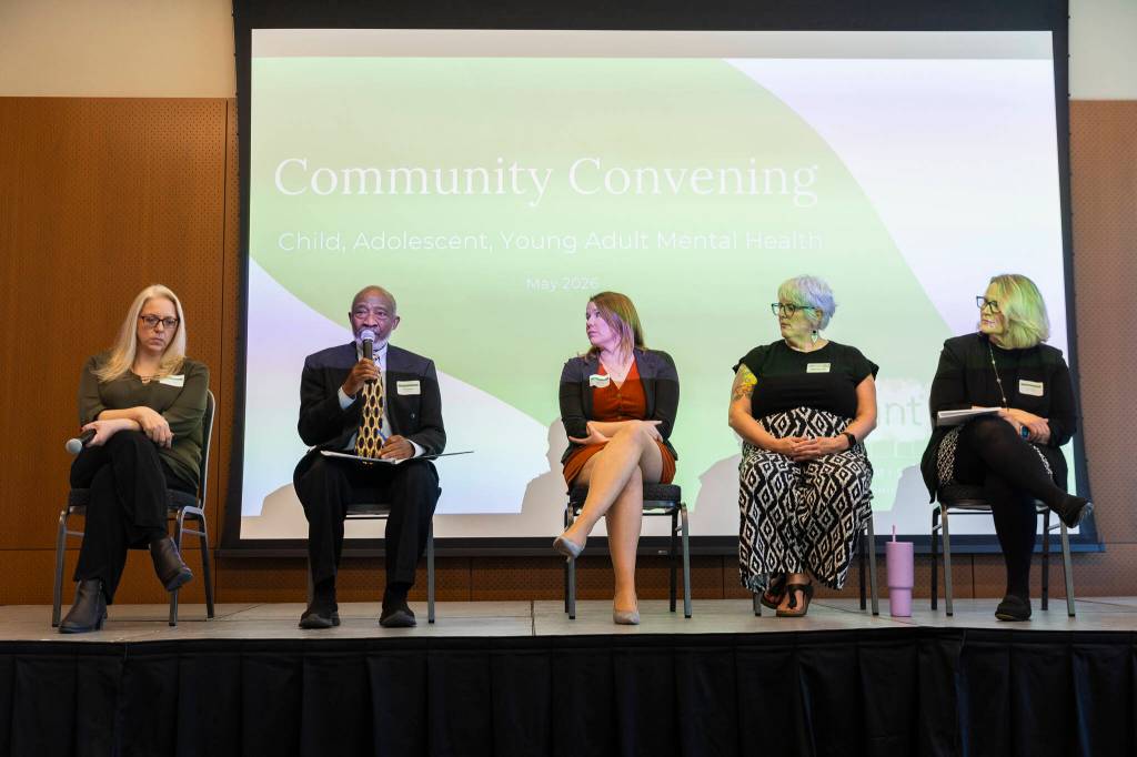 A panel made up of Jennifer McKay, left to right, Wally Webster, Lauren Davis, Angela Alfieri and Maria Coghill on Thursday, May 28, 2026 in Lynnwood, Washington. (Olivia Vanni / The Herald)