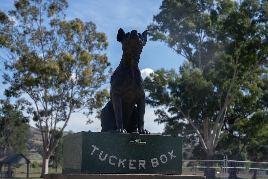 A statue of a black dog sits atop a box that says tucker box