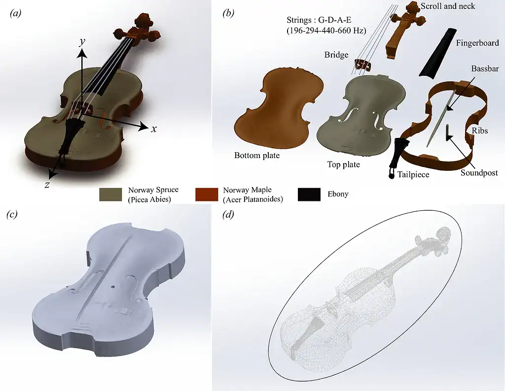 Detailed violin parts and materials for music instrument construction.