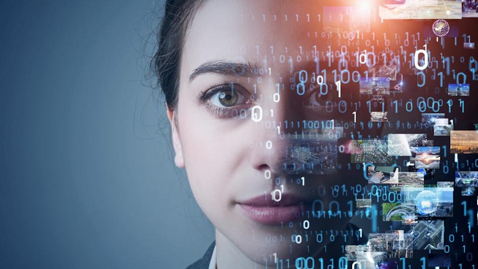 A person's face is partially obstructed by digital images and numbers.