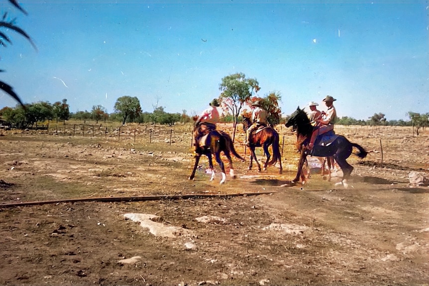 A group of stockmen on horses which are frisky or shying