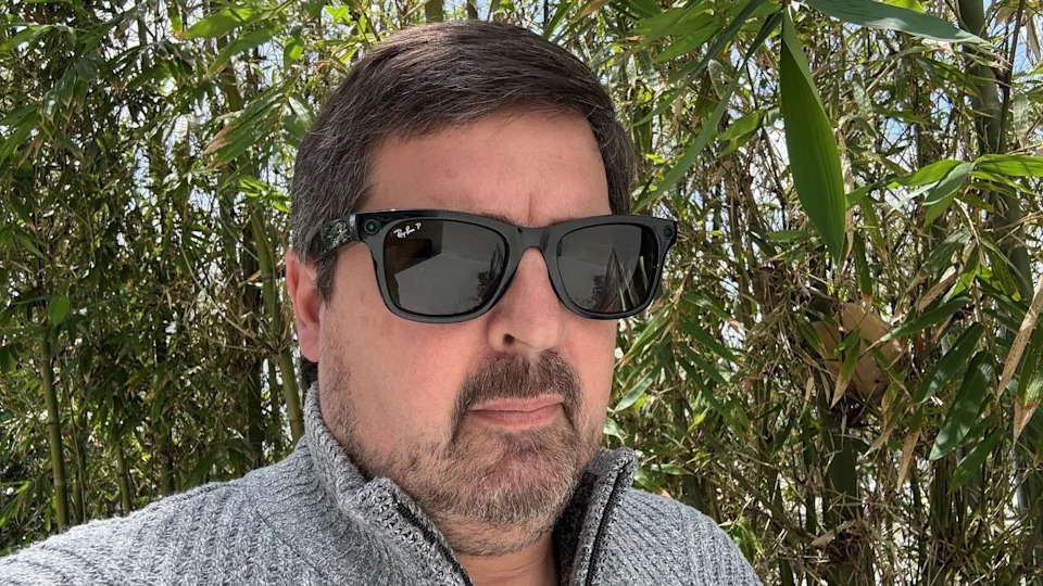 A man standing outside in a grey sweater and wearing Meta's Ray-Bans with a wall of green bamboo behind him. 
