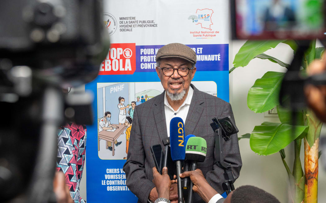 Dr. Tedros Adhanom Ghebreyesus, the Director-General of the World Health Organization (WHO), addresses the media upon his arrival in Kinshasa, on May 28, 2026. An Ebola hemorrhagic fever outbreak is spreading rapidly in the east of the Democratic Republic of Congo, one of the poorest countries in the world.
More than 1,000 suspected cases – including 223 deaths – have so far been recorded in the DRC by the World Health Organization (WHO).
Nearly one million people have been displaced by conflict in Ituri province, the epicenter of the outbreak and one of the most troubled areas of the DRC, where armed groups, rebels linked to the Islamic State, and community militias regularly carry out massacres. (Photo by Hardy BOPE / AFP)