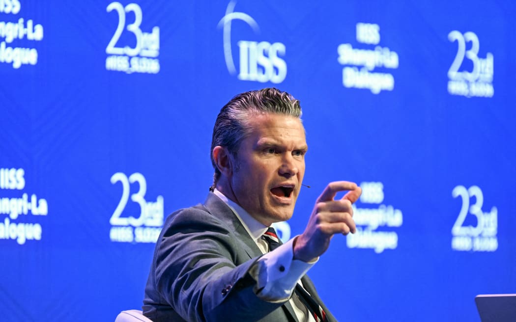 US Secretary of Defence Pete Hegseth speaks during a plenary session of the 23rd Shangri-La Dialogue summit in Singapore on May 30, 2026. (Photo by JAM STA ROSA / AFP)