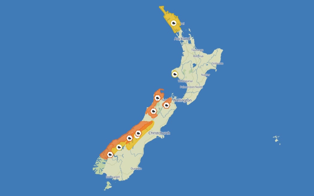 Orange warnings will be in place for Tasman, Buller, Westland and the Richmond Ranges.