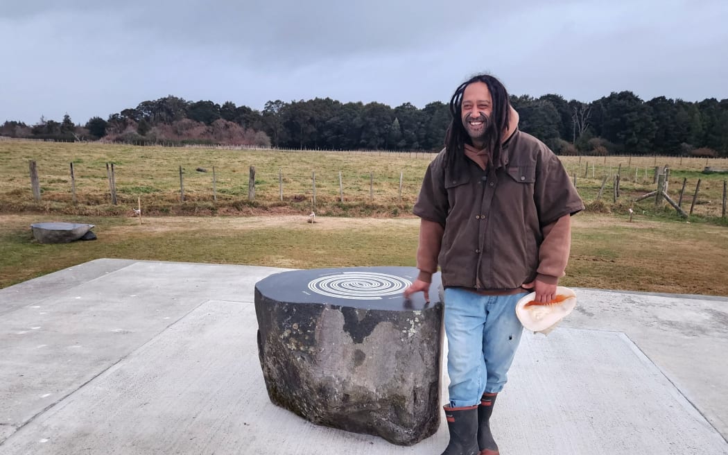 Ngāti Rangi researcher Rauroha Brown with the whana tongitongi, or traditional star compass, built at Te Kura Kaupapa Māori o Ngāti Rangi in Ohakune.