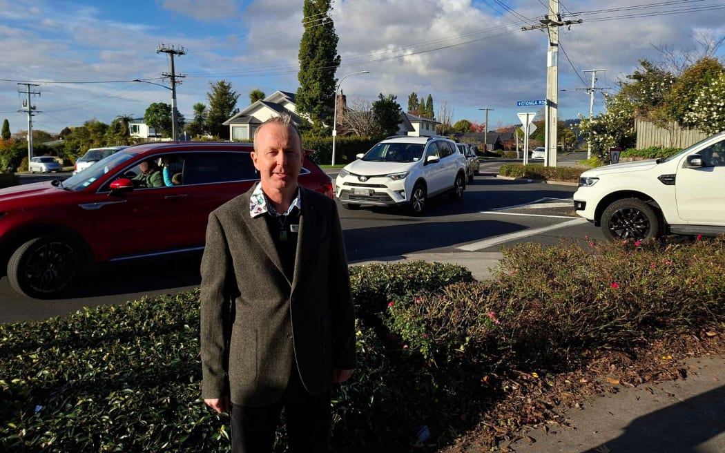 Otonga Primary School principal Gareth Cunliffe at the Springfield Rd and Otonga Rd roundabout and crossing.