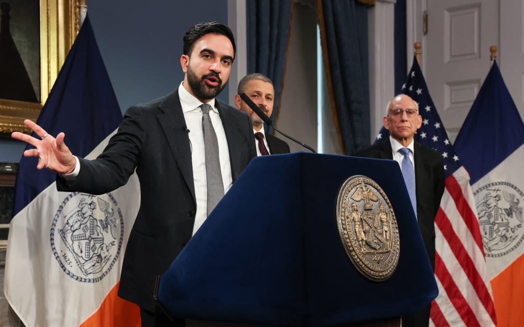 New York City Mayor Zohran Mamdani, alongside First Deputy Mayor of New York City Dean Fuleihan (R), speaks about the fiscal year 2027 budget in New York City on May 12, 2026. (Photo by TIMOTHY A. CLARY / AFP)