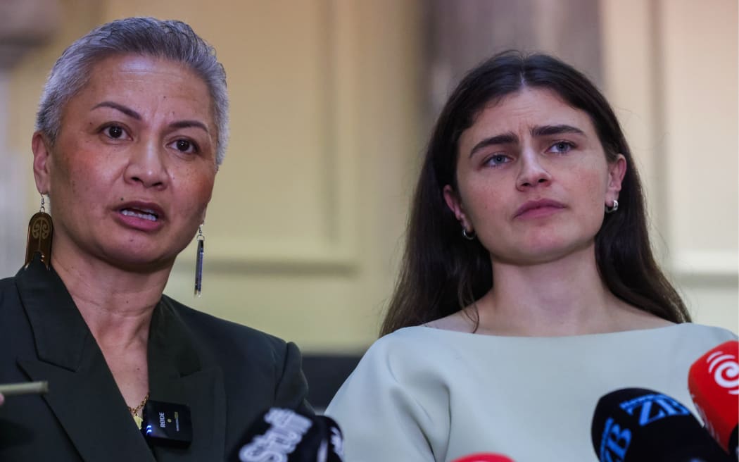 Green Party co-leaders Marama Davidson and Chlöe Swarbrick speak to media after Budget 2026.