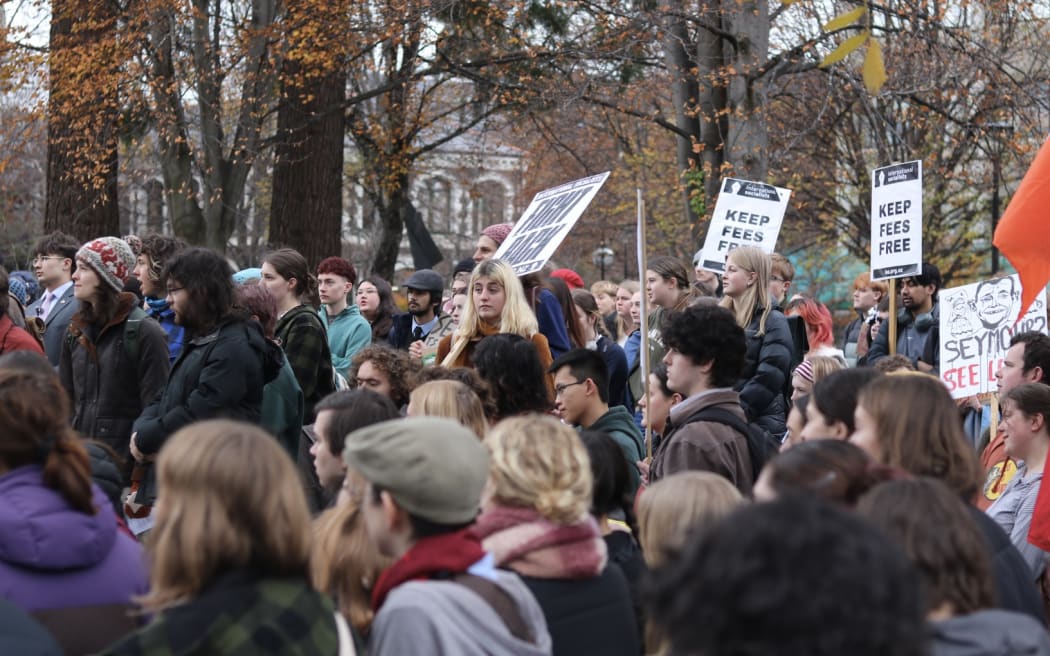 Students protesting in Dunedin on Thursday.