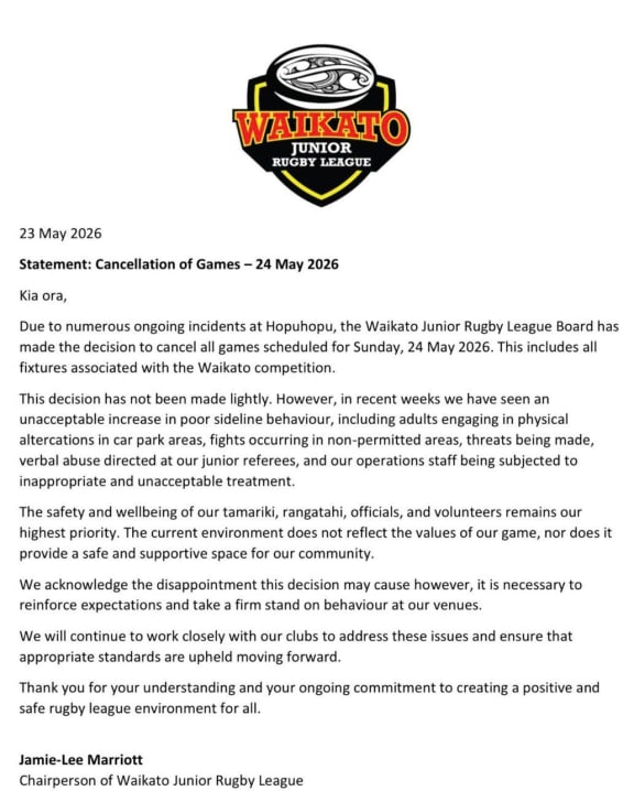 Waikato Junior Rugby League's statement about cancelling games last weekend.