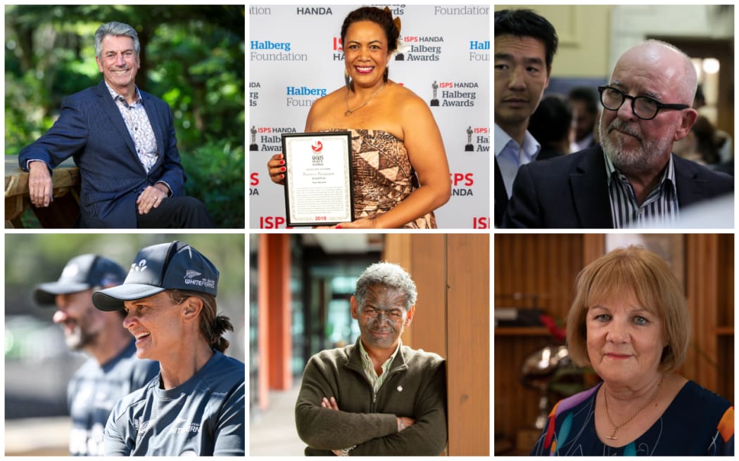 Clockwise from top left: Peter Boshier, Beatrice Faumuinā, Barry Soper, Suzie Bates, Reuben Collier and Susan Hassall.