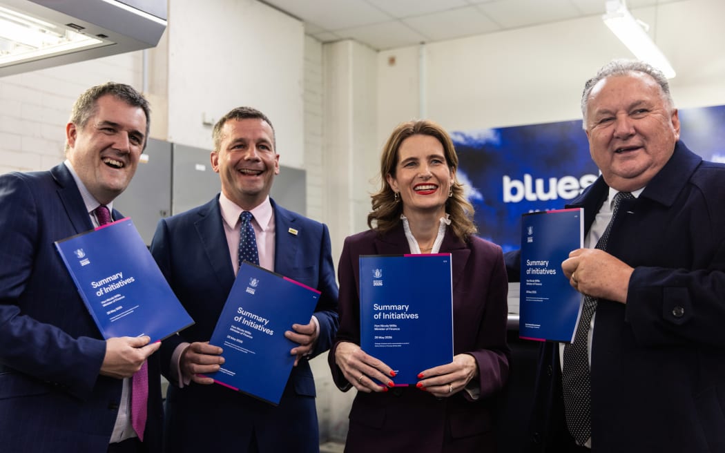 Chris Bishop, David Seymour Nicola Willis and Shane Jones with Budget 2026
