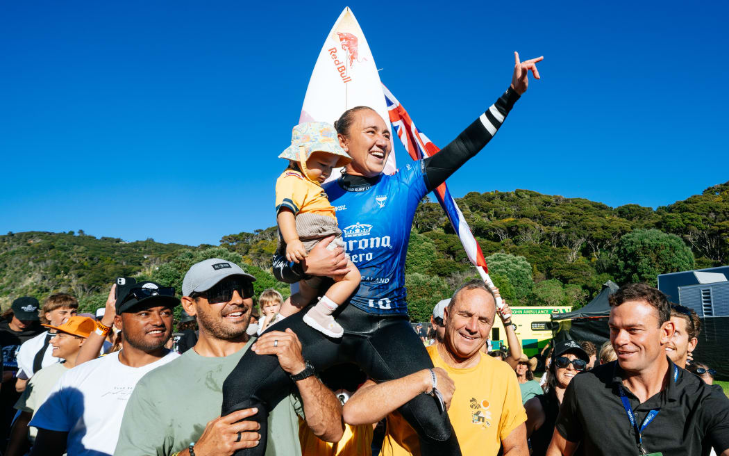 RAGLAN, NEW ZEALAND - MAY 25: Five-time WSL Champion Carissa Moore of Hawaii after winning the Final at the Corona Cero New Zealand Pro on May 25, 2026 at Raglan, New Zealand. (Photo by Rambo Estrada/World Surf League)