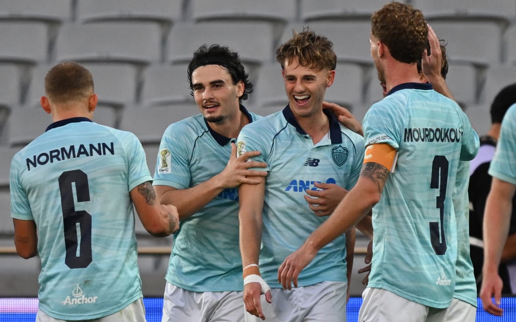 Auckland FC's Matt Ellis celebrates his goal with team mates during their OFC Pro League final against South Melbourne, at Eden Park, Auckland, 24 May, 2026. 
© Andrew Cornaga / Photosport