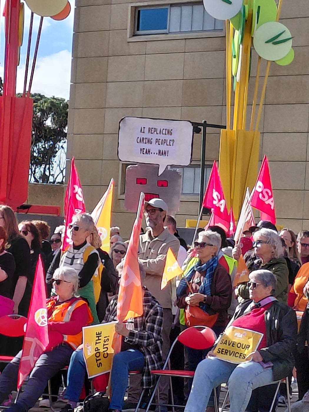 Hundreds gathered in central Wellington on Sunday for a Public Service Association rally opposing the Government's planned cuts and increasing use of artificial intelligence across the sector.