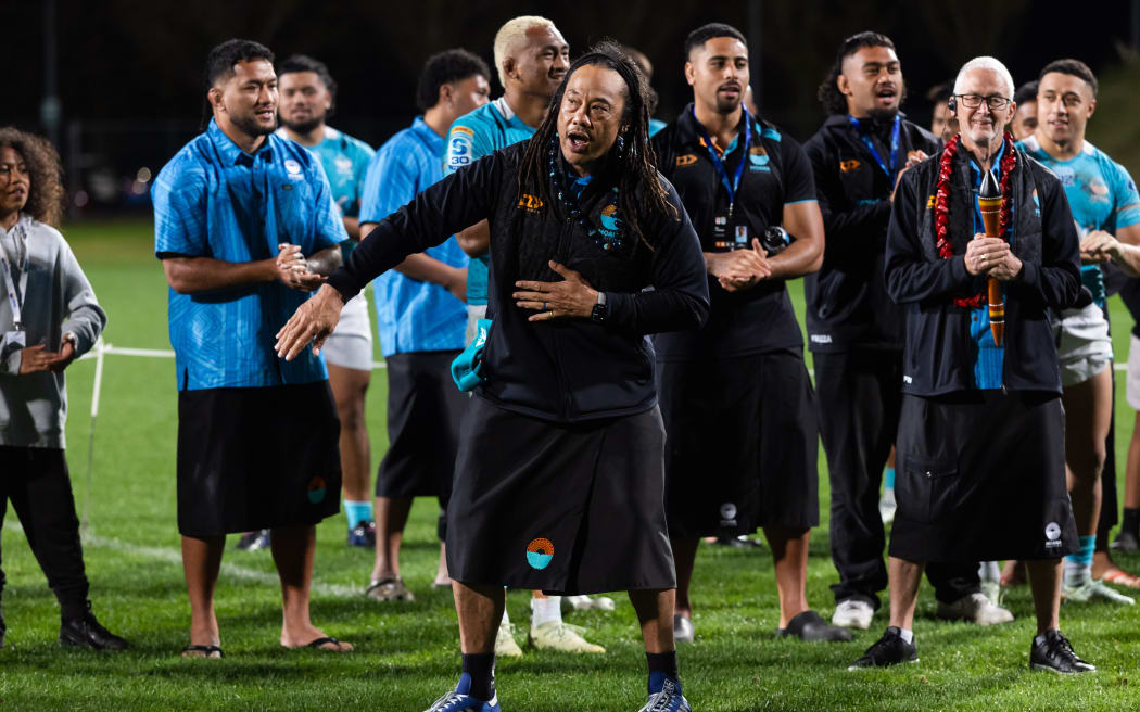 Moana Pasifika Head Coach Tana Umaga sings and dances along to a cultural song after the Super Rugby Pacific - Round 15 match between Moana Pasifika v Reds held at North Harbour Stadium, Auckland - New Zealand - on Saturday 23 May 2026.
Photo credit: Brett Phibbs / www.photosport.nz