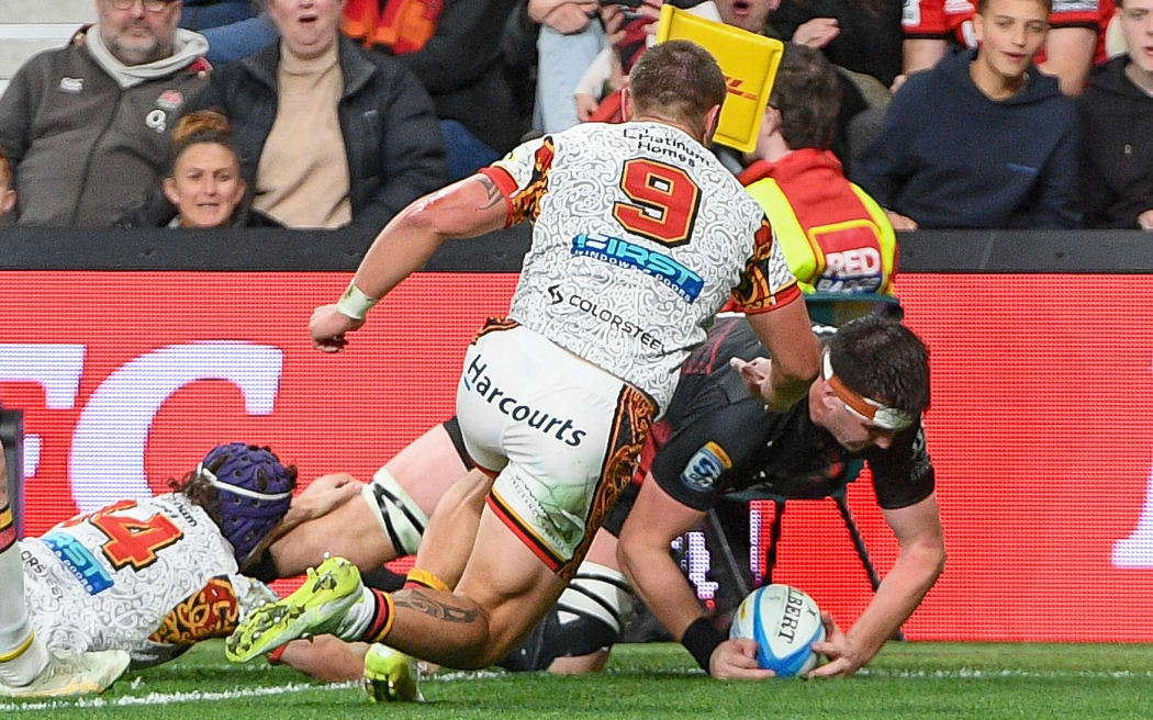 Jamie Hannah of the Crusaders scores a try during the Super Rugby match, Crusaders Vs Chiefs at One NZ Stadium, New Zealand, 22nd May 2026. Copyright photo: John Davidson / www.photosport.nz