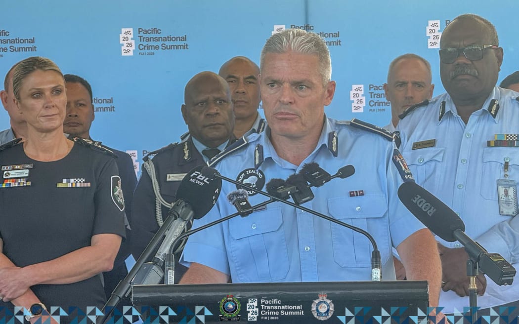 New Zealand Police Commissioner Richard Chambers Richard Chambers flagged by regional police chiefs, including Australian Federal Police's Krissy Barrett, left, and Fiji Police's Rusiate Tudravu during a news conference at the inaugural Pacific Transnational Crime Summit in Suva, Fiji. 20 May 2026