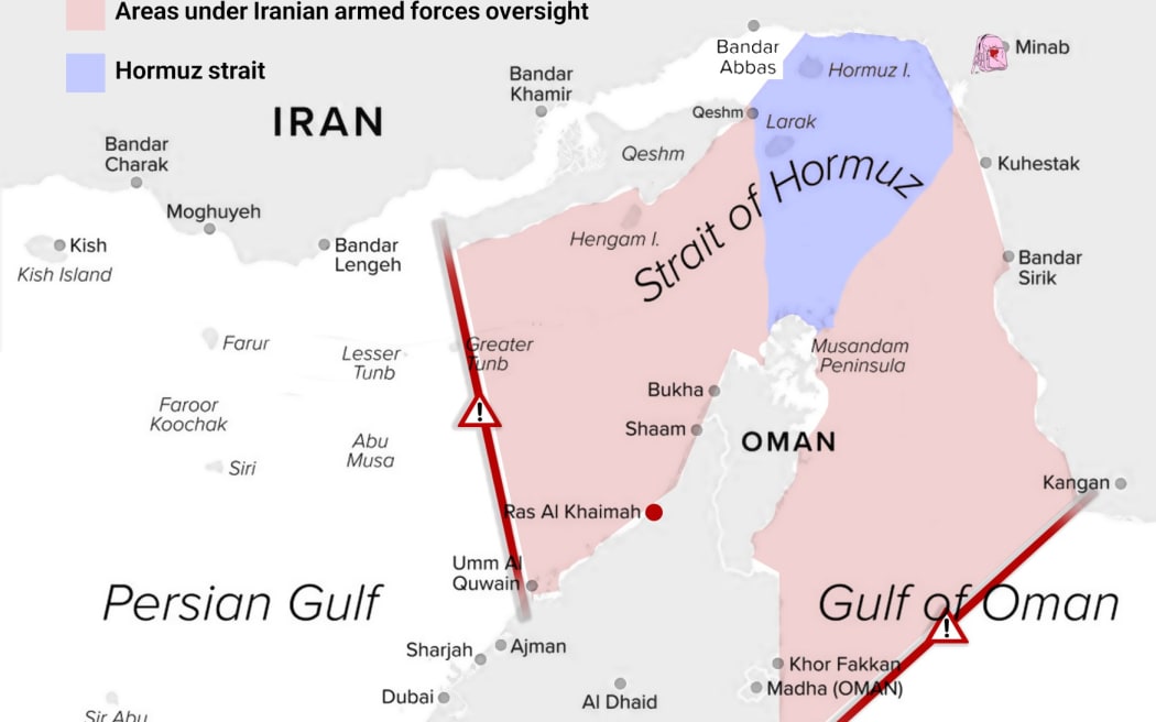 A map of the Strait of Hormuz showing the areas under the oversight of the Iranian armed forces, according to the so-called Persian Gulf Strait Authority. (Supplied: X/PGSA_IRAN)