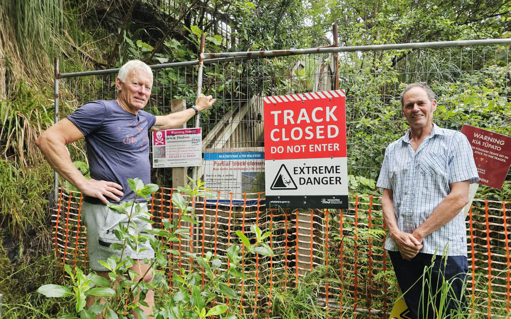 Track volunteers Austin Oliver and Angus Robson have put forward a proposal to fix the track at their own expense that Whakatāne District Council is currently considering. Photo Diane McCarthy
