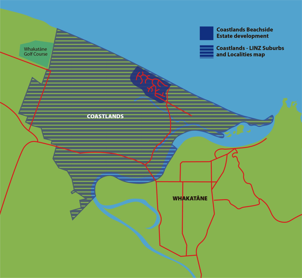 Unofficial name: Although the New Zealand Geographic board does not record Coastlands as an official name, the LINZ Suburbs and Localities dataset defines its boundaries, which informs Google Maps, NZ Post, the Electoral Roll and emergency services.