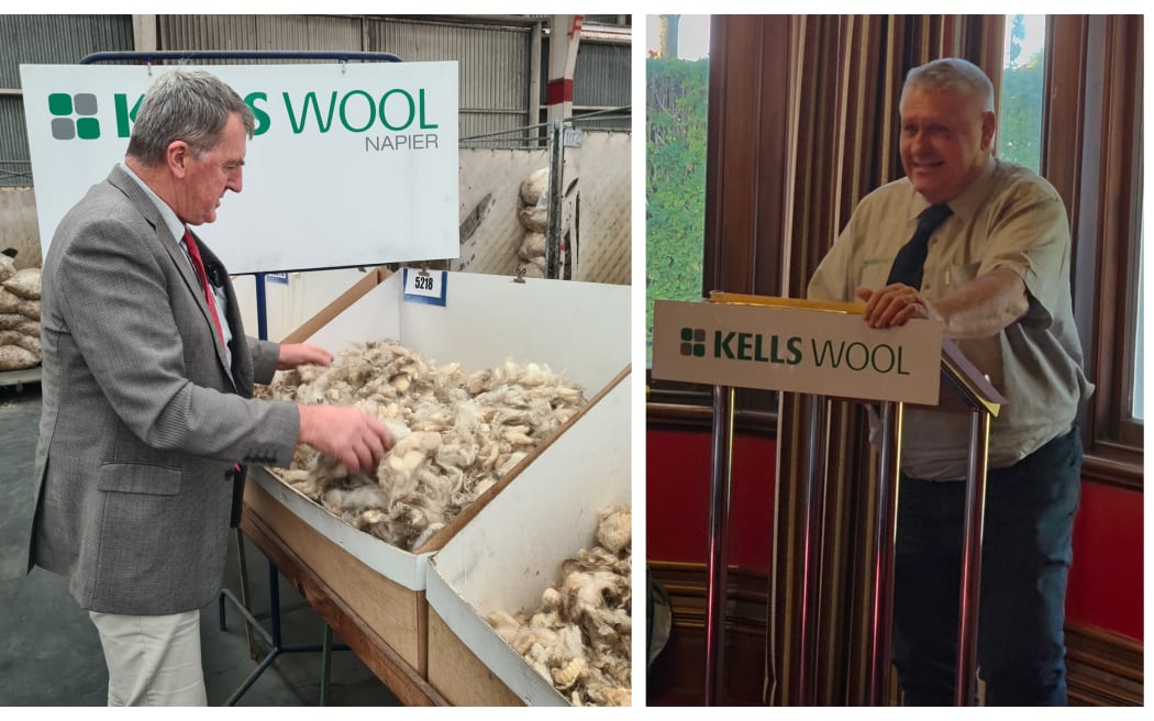 2 images- left is man in sports jacket and tie checking wool in a tavble top bin, right is male auctioneer at stand inside